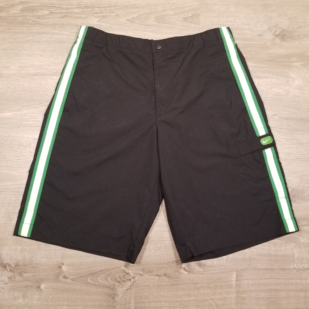 Vintage Nike Cargo Board Shorts Mens Size Large Black With Green White Stripes